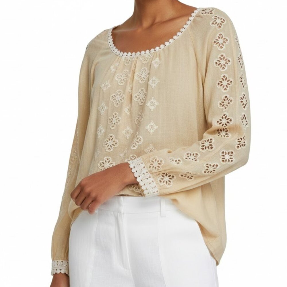 Tory Burch Yellow Embroidered Silk Cotton Peasant Blouse Size 6 Boho